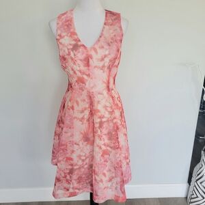 Tahari ASL Pink Floral Pockets Sleeveless Formal Cocktail Pocket Midi Dress Sz 4